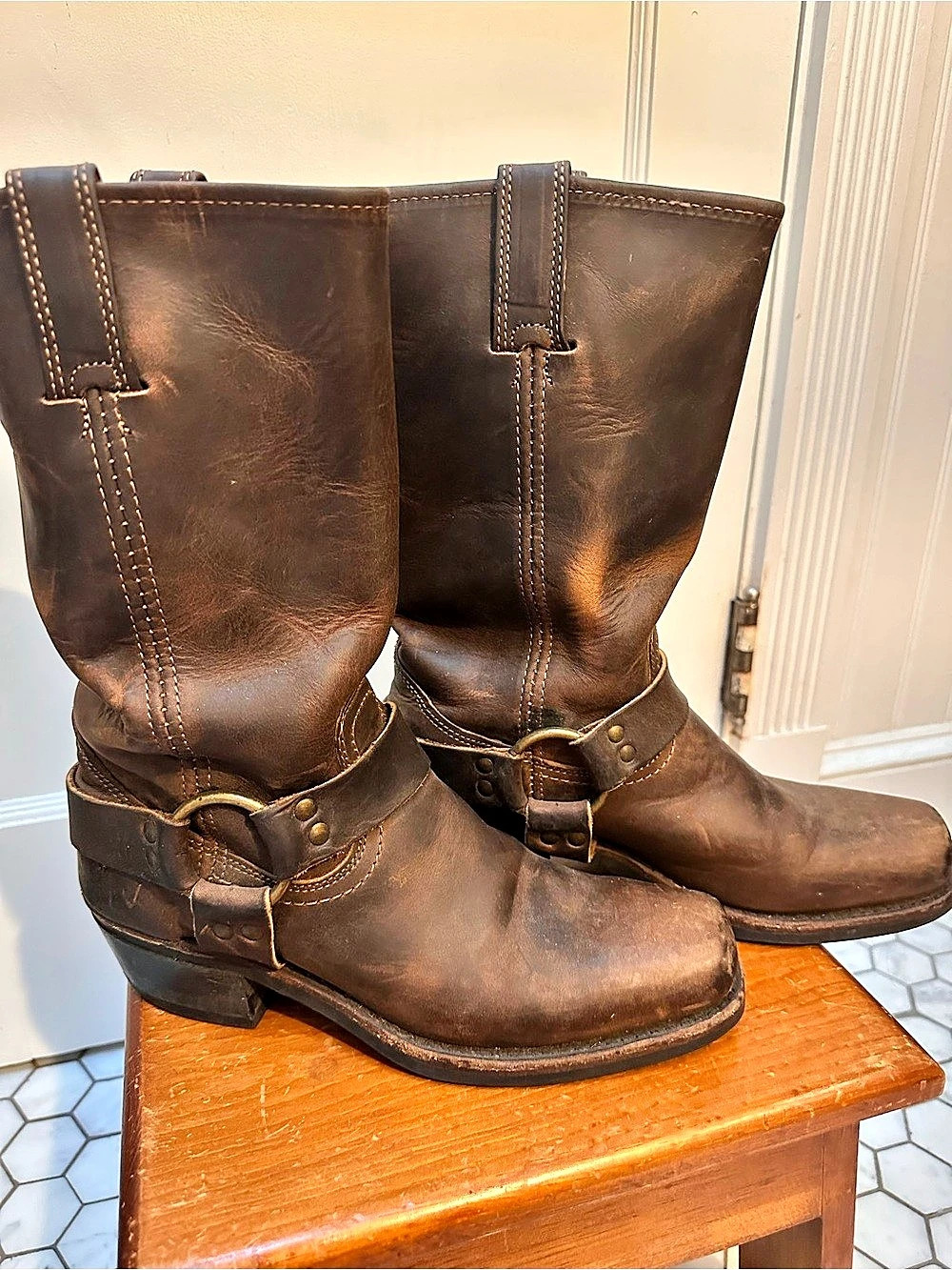 Vintage Frye Harness 12R Brown Leather Heeled Boots US 8.5 - Made in USA